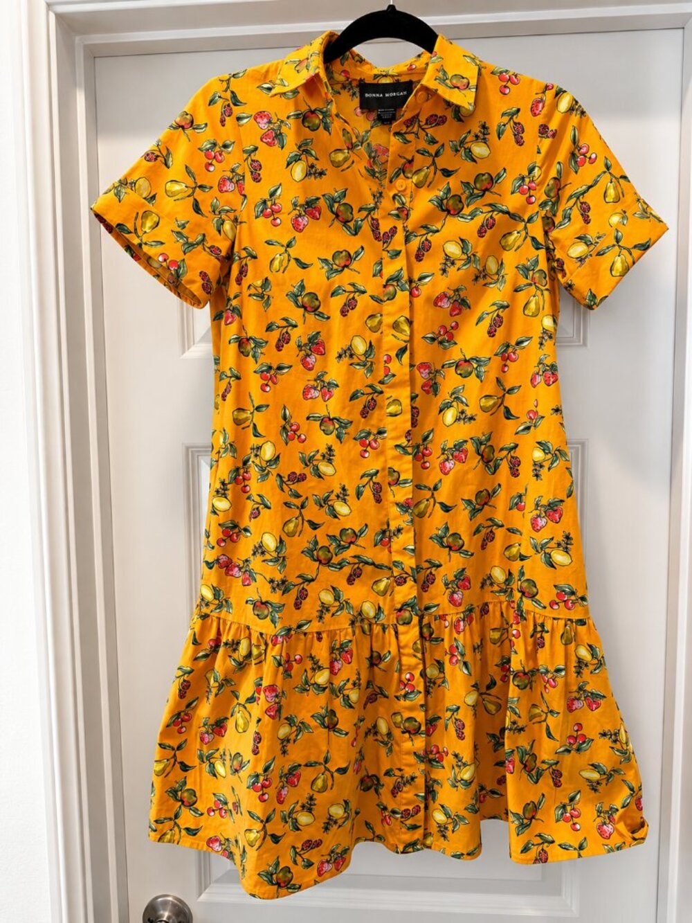 Donna Morgan Fruit Print Shirt Dress US 0 UK 4 Yellow Button Front